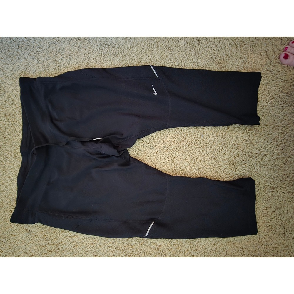 Nike Dri-FIT Women Black Running Capri Leggings Size L Zipper Pocket RN56323